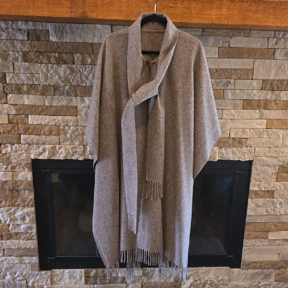 Women's Taupe Fringe Cape Coat - Lightweight Draped Outerwear 100% WOOL PONCHO.
